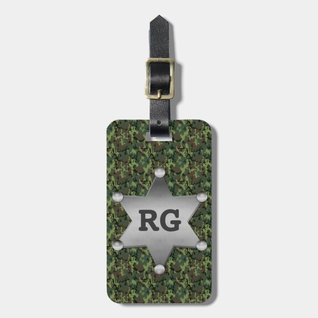 Green Camouflage Pattern Sheriff Badge Monogram Luggage Tag (Front Vertical)