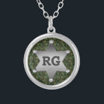 Green Camouflage Pattern Sheriff Badge Monogram Silver Plated Necklace<br><div class="desc">This customisable camo pattern design has a metal sheriff badge with space for you to add your monogram / initials or other text. The camouflage is in shades of green and brown. It's a great design for a person in the military, a veteran, a woman or man in law enforcement,...</div>