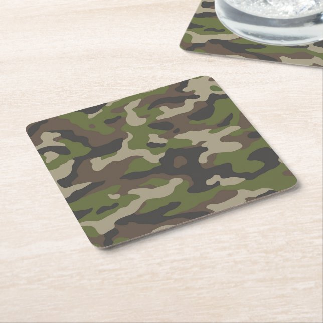 Green Camouflage Pattern Square Paper Coaster (Angled)