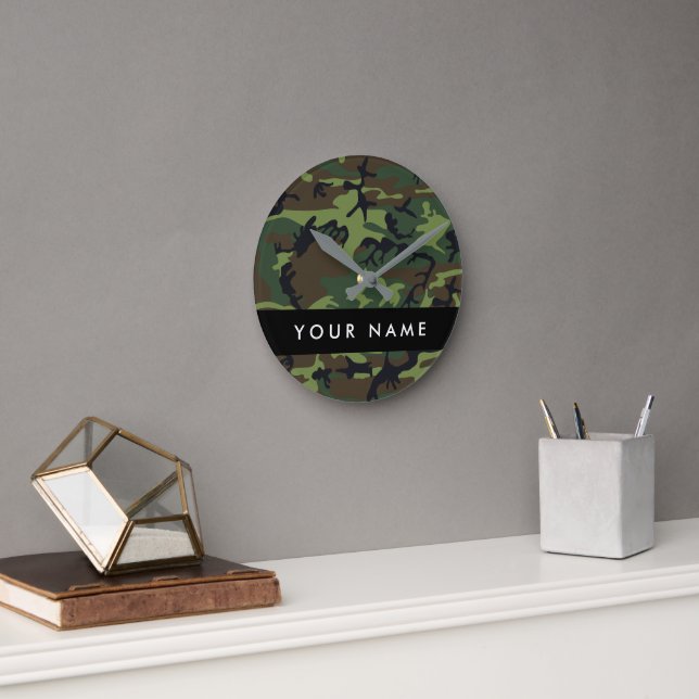Green Camouflage Pattern, Your name, Personalise Round Clock (Office)
