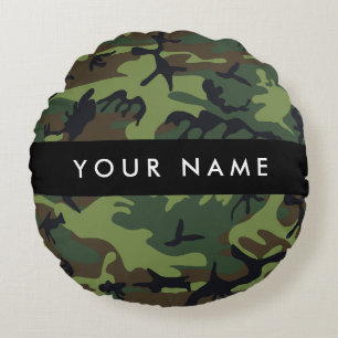 Green Camouflage Pattern, Your name, Personalise Round Cushion