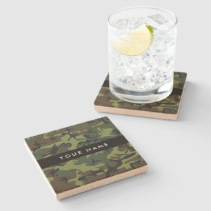 Green Camouflage Pattern, Your name, Personalise Stone Coaster