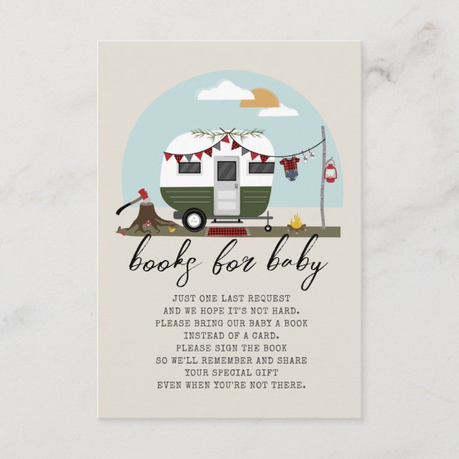 Green Camper Lumberjack Baby Shower Book Request Enclosure Card (Front)