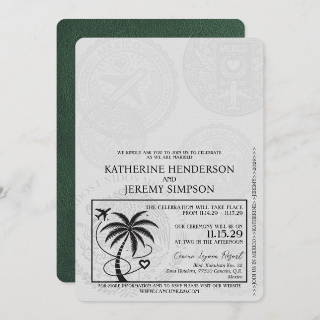 Green Cancun Passport Wedding Invitation (Front/Back)
