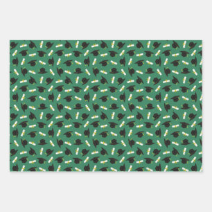 Green Caps Diplomas Mixed Graduation Patterns Wrapping Paper Sheet