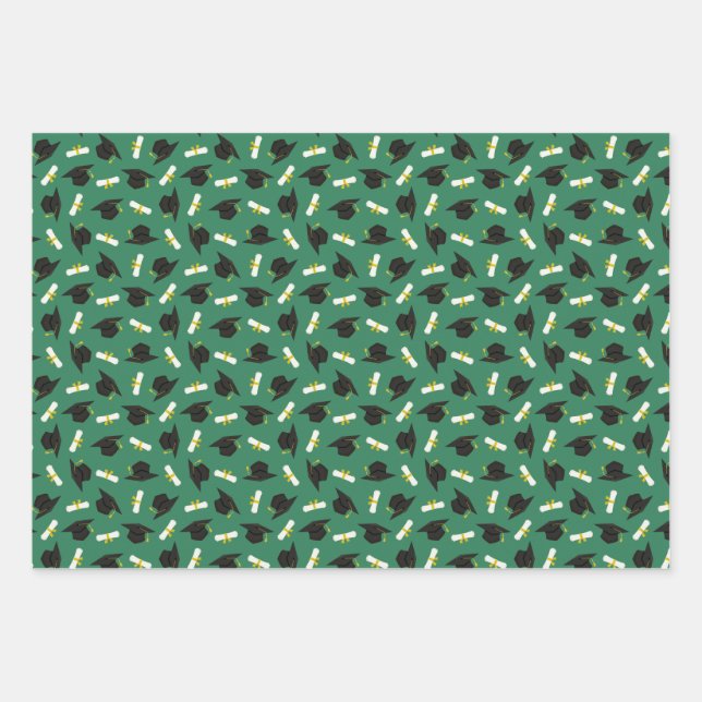 Green Caps Diplomas Mixed Graduation Patterns Wrapping Paper Sheet (Front)