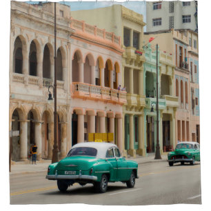 GREEN CAR ON ROAD SHOWER CURTAIN