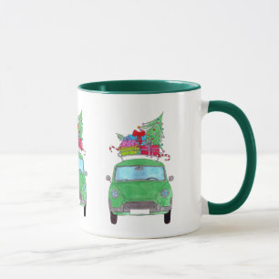 Green Car with Christmas Gifts Watercolor Mug
