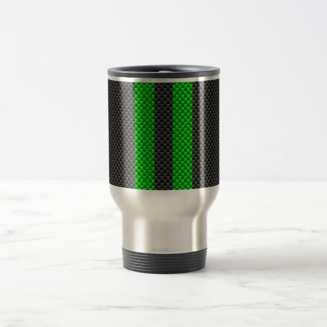 Green Carbon Fiber Style Racing Stripes Travel Mug (Center)