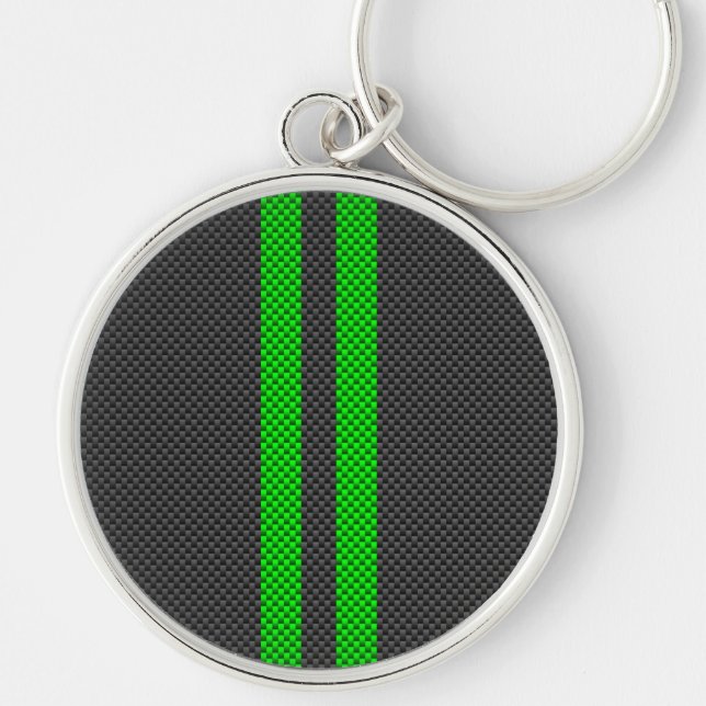 Green Carbon Fibre Style Racing Stripes Key Ring (Front)