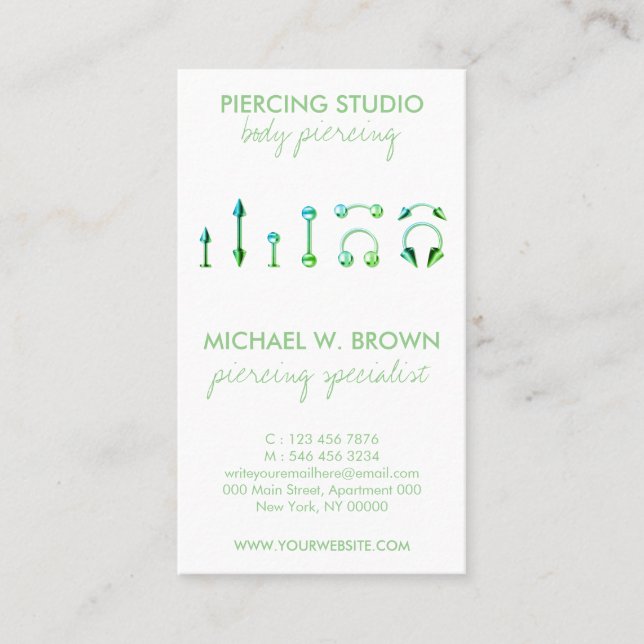 Green Care Card for Body Jewellery Piercing (Front)