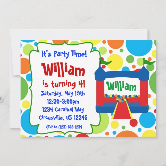 Green Carnival Circus, Bounce House Birthday Party Invitation (Front)