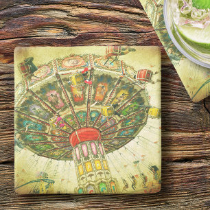 Green carnival swing ride photo vintage retro stone coaster