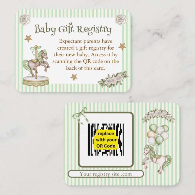 Green Carousel Horse Gift Registry  Enclosure Card (Front/Back)