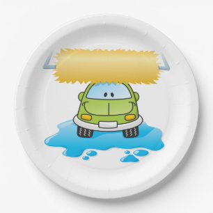 Green Cartoon Car Wash Happy Little Car Paper Plate