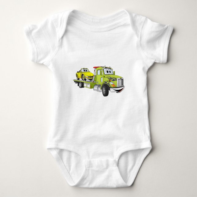 Green Cartoon Flatbed Tow Truck Baby Bodysuit (Front)