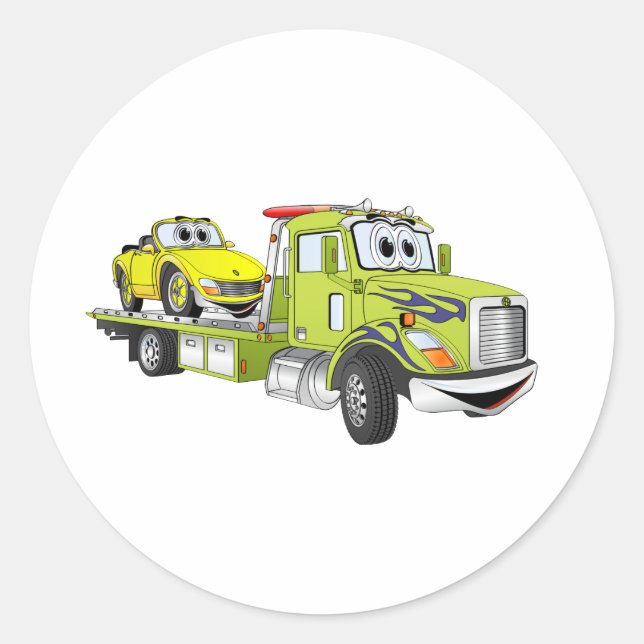 Green Cartoon Flatbed Tow Truck Classic Round Sticker (Front)