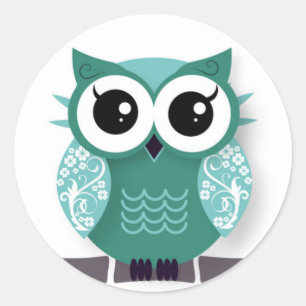 Green cartoon owl classic round sticker