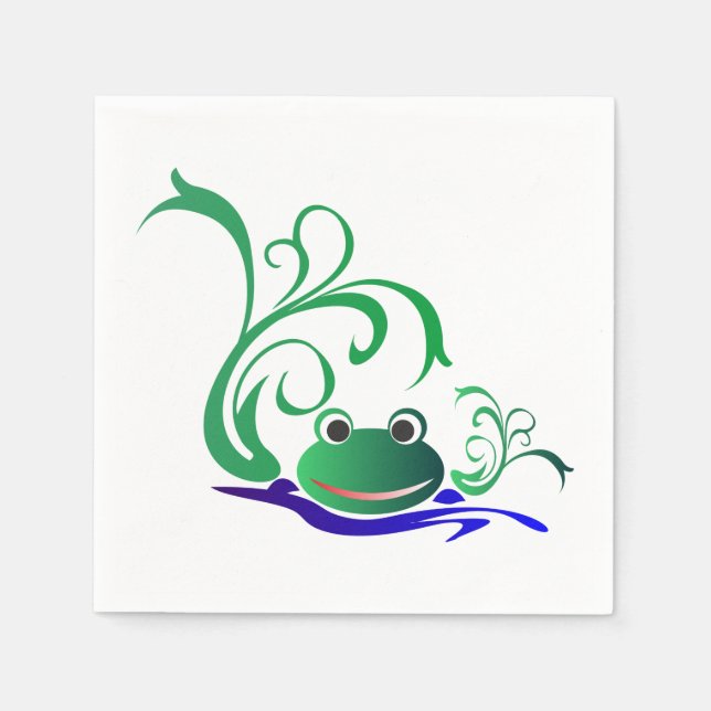 Green Cartoon Smiling Frog Face over water Napkin (Front)
