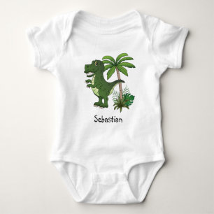 Green Cartoon T-rex Dinosaur And Personalised Name Baby Bodysuit