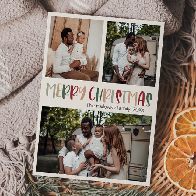 Green Casual Colourful Christmas Bold Three Photo Holiday Card (Creator Uploaded)
