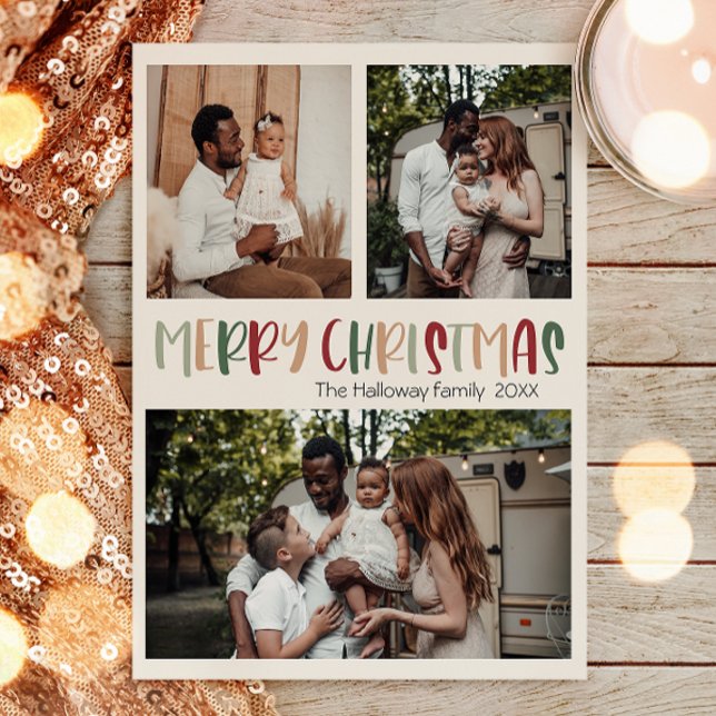 Green Casual Colourful Christmas Bold Three Photo Holiday Postcard (Creator Uploaded)