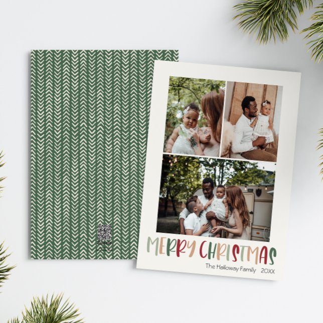 Green Casual Colourful Christmas Vertical 3 Photo Holiday Card (Creator Uploaded)