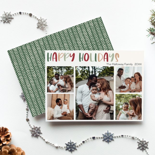 Green Casual Colourful Happy Holidays Three Photo Holiday Card (Creator Uploaded)