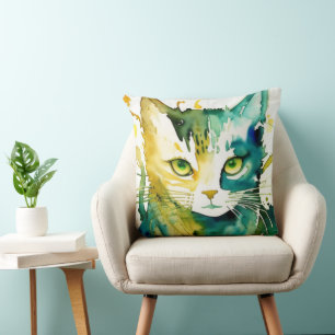 Green Cat Throw Pillow