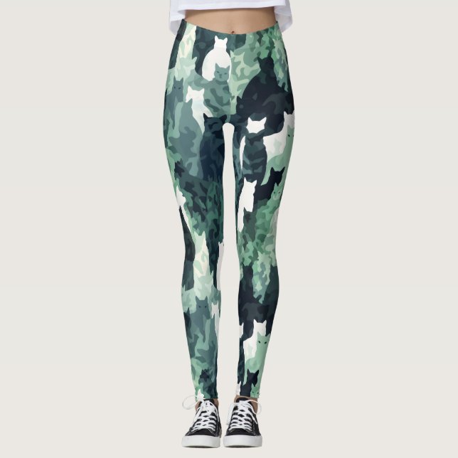 Green Cats Camouflage Pattern Leggings (Front)