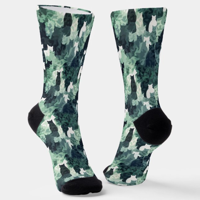 Green Cats Camouflage Pattern Socks (Angled)