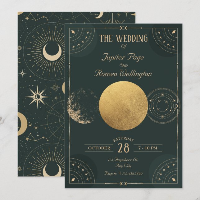 Green celestial Moon mystical wedding Invitation (Front/Back)