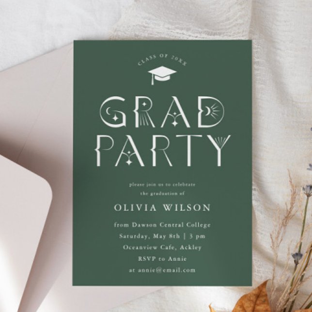Green Celestial Typography Grad Party  Invitation (Creator Uploaded)