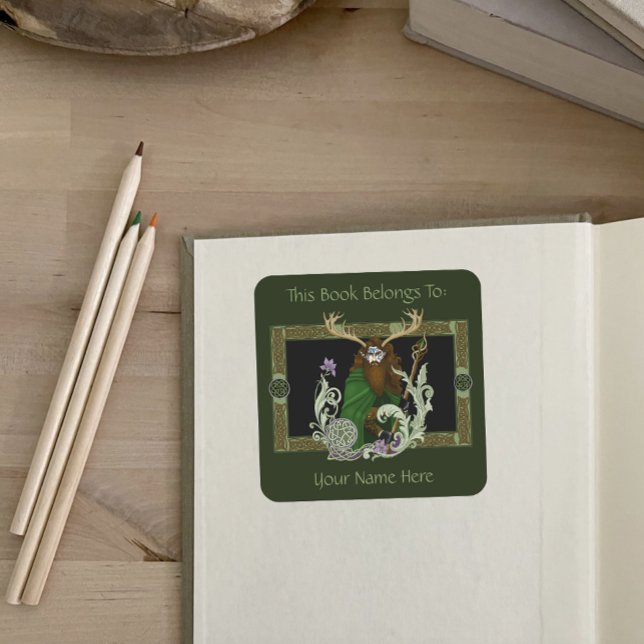 Green Celtic Antlers Man Bookplate Square Sticker (Creator Uploaded)