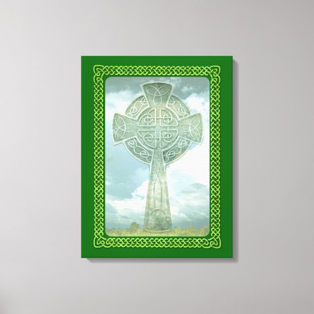 Green Celtic Cross And Clouds Canvas Print (Front)