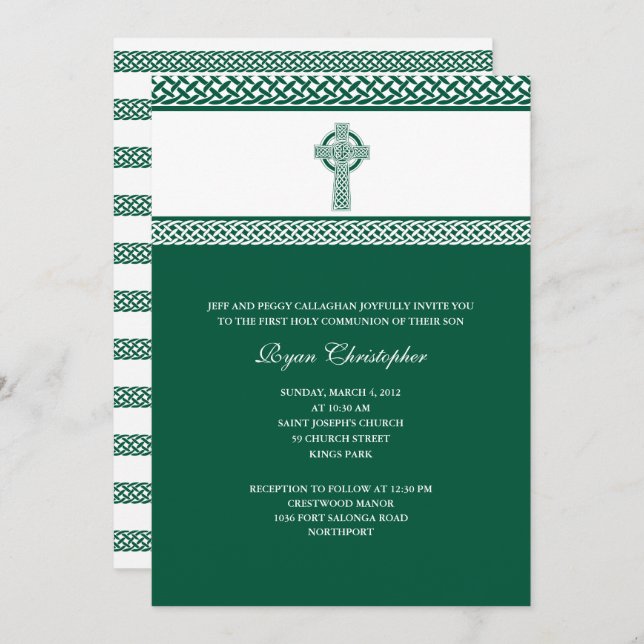 Green Celtic Cross First Holy Communion Invitation (Front/Back)