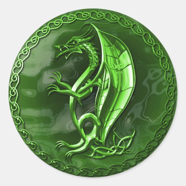 Green Celtic Dragon Classic Round Sticker (Front)