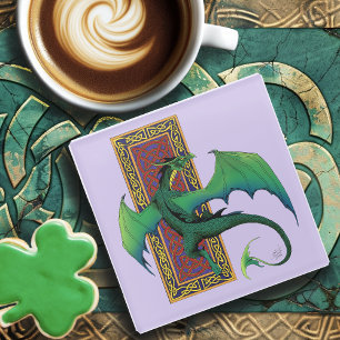 Green Celtic Dragon Purple Fantasy Knotwork Glass Coaster