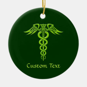 Green Celtic Knot Caduceus Ceramic Tree Decoration