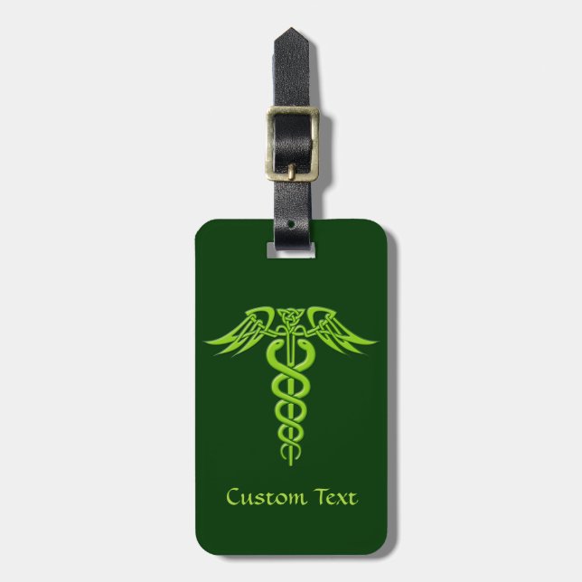 Green Celtic Knot Caduceus Luggage Tag (Front Vertical)