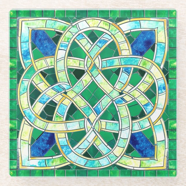 Green Celtic Knot Stone Mosaic Glass Coaster (Front)