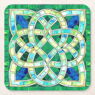 Green Celtic Knot Stone Mosaic Square Paper Coaster