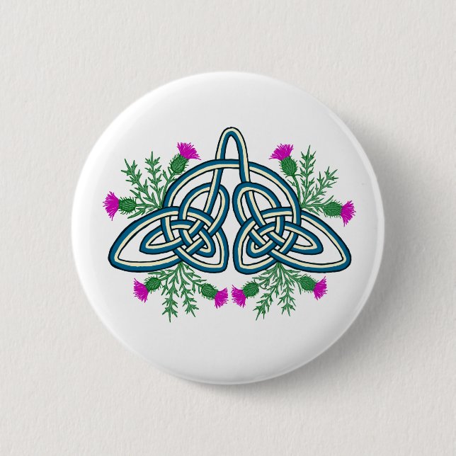 Green Celtic Knot with Purple Scottish Thistles 6 Cm Round Badge (Front)