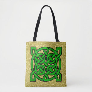 Green Celtic Knots Gold Faux Glitter Tote Bag