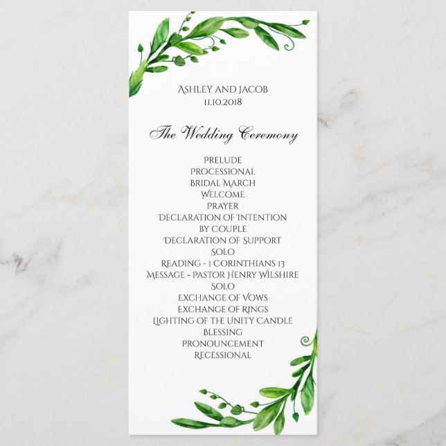 Green ceremony program. Garden wedding. Greenery Programme (Front)