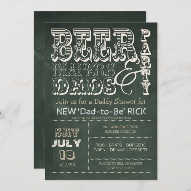 Green Chalkboard BEER Diapers & DADS Baby Shower Invitation (Front/Back)