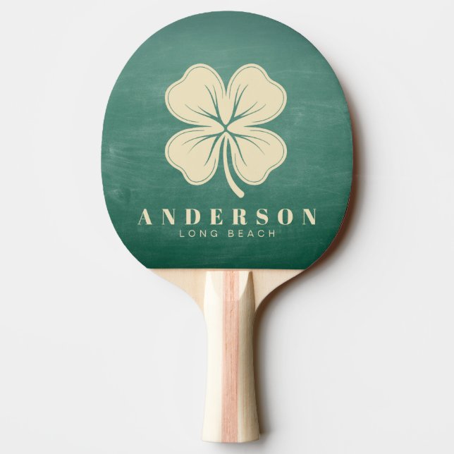 Green Chalkboard Four Leaf Clover with Name Ping Pong Paddle (Back)