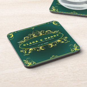 Green champagne gold vintage floral wedding  coaster