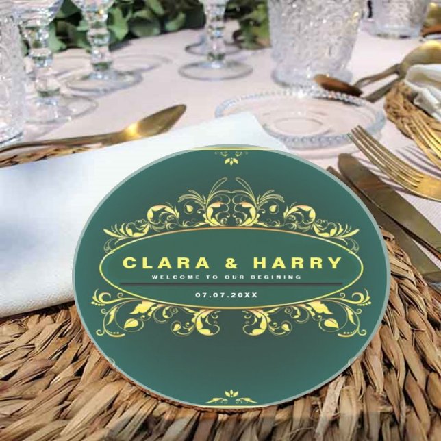 Green champagne gold vintage floral wedding  coaster (Creator Uploaded)