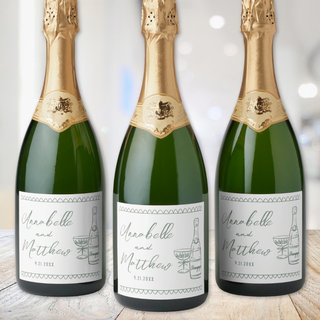 Green Champagne Hand Drawn Wedding Sparkling Wine Label (Green Champagne Hand Drawn Wedding Sparkling Wine Label )